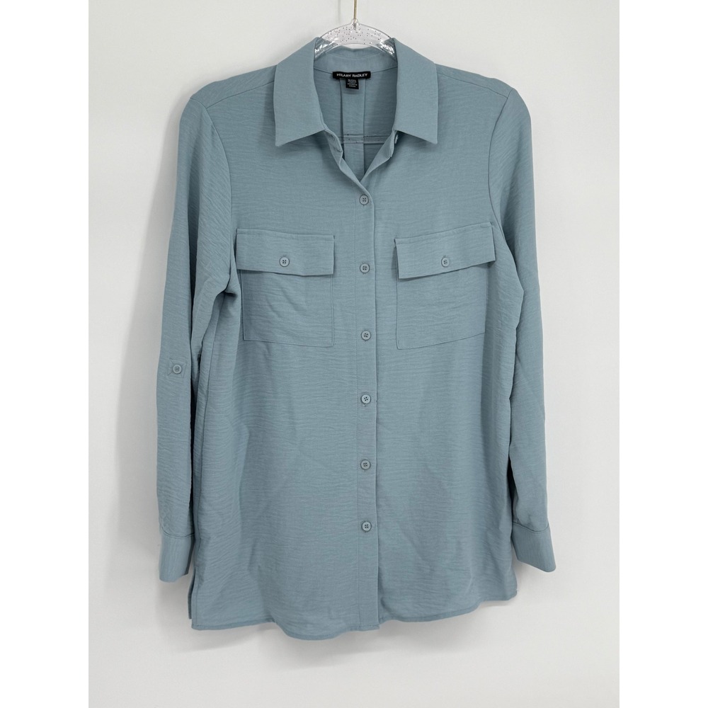 Hilary Radley Womens Dusty Blue Utility Button Down Roll Tab Sleeve Blouse Sz S